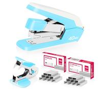Deli Grapadora de escritorio sin esfuerzo, grapadora resistente, capacidad de 40-50 hojas, un dedo, sin esfuerzo, incluye 1500 grapas y removedor de grapas, azul cielo