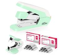 Deli Grapadora de escritorio sin esfuerzo, grapadora resistente, capacidad de 40-50 hojas, un dedo, sin esfuerzo, incluye grapas y removedor de grapas, verde