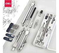 Deli-Juego de brújula de Metal, herramienta de geometría para examen de dibujo profesional, suministros de papelería para estudiantes Conjunto A
