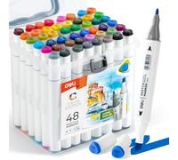 deli Juego de rotuladores de alcohol de doble punta de 48 colores, rotuladores de arte permanentes con puntas finas y biseladas, rotuladores para colorear a base de alcohol en estuche de transporte de