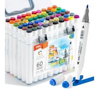 deli Juego de rotuladores de alcohol de doble punta de 60 colores, rotuladores artísticos con puntas finas y biseladas, rotuladores permanentes a base de alcohol en estuche de plástico portátil