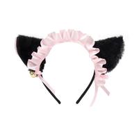 Delicada diadema de orejas de gato con campanilla pequeña plisada de encaje en forma de gato, aro para el pelo de fiesta de cosplay para mujeres y adolescentes