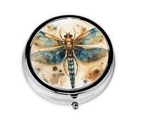 Delicada libélula dorada sobre fondo amarillo. Este pequeño pastillero redondo de viaje de tres compartimentos es perfecto para almacenar medicamentos diarios, vitaminas y sobre la marcha.