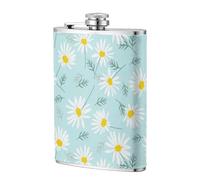 Delicada margarita floral azul y blanca,Frasco de acero inoxidable 304 de 8 oz con funda de cuero sintético, frasco de bolsillo para licor plano para exteriores