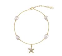 Delicada pulsera de tobillo de plata esterlina con dije de estrella de mar dorada y perla for mujer, moderna tobillera ajustable que no se deslustra, joyería de moda for playa de verano, regalo(Gold)