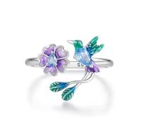 Delicado Cz flor de pájaro 925 anillo de plata esterlina para las mujeres boda primavera estacionamiento Hummingbird Magritte Open Wrap anillos de dedo comodidad ajustable lindo joyería, Metal