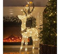 DELICHTER LED Reno Metal Oro Blanco Hierro Marco Iluminado Navidad Ciervos Blanco cálido Navidad decoración para Interior al Aire Libre(1.2M)