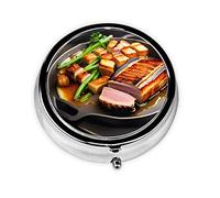 Delicioso pastillero de carne a la parrilla, organizador redondo de 3 compartimentos y pastillero de viaje portátil para viajar.