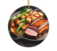 Deliciosos adornos de cerámica con patrón de carne a la parrilla, colgantes redondos, se pueden colgar en árboles de Navidad o puertas y ventanas.