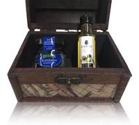 Deliex. Baúl de madera con decoración de mapas con tarrito de mermelada de arándanos y botella miniatura de Aceite de Oliva"La Chinata" (Pack 24 ud)