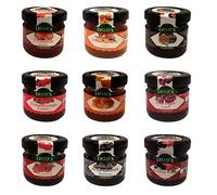 Deliex delicias de Extremadura. 60 Mermeladas pequeñas sabores variados. Miniaturas de mermeladas en cristal 30 gr, detalles a invitados en bodas, comuniones, bautizos (Surtido, 60 Tarros)