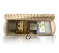 Deliex delicias de Extremadura Baúl de mimbre en color beige de 14 x 4,7 cm con bodymilk y gel en miniatura para detalles a invitados en bodas, comuniones
