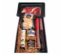Deliex delicias de Extremadura. Cesta gourmet para regalar con aceite La Chinta, jam?n, ib?ricos y pat?s. Regalos para cumplea?os o Navidad. Lote deli
