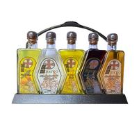 Deliex delicias de Extremadura. Set de licores para regalos. 5 botellas de 20 cl con forma de puzzle presentada en estructura de baquelita. Regalos originales