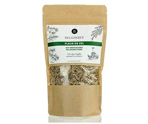 Deligreece FLEUR DE SEL - Sal de hierbas salvajes hecha a mano de Kreta. Sin refinamiento ni aditivos 400 gr. bolsa.