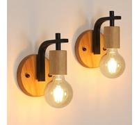 DELIPOP 2 Pack Lámpara de Pared Vintage Industrial, Aplique Pared Interior de Madera Metal, Luz de Pared Retro E27 Dormitorio, Pasillo, Cocina, Café, Negro
