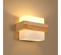 DELIPOP Aplique de Pared Madera, E27 Moderna Lámpara de Pared con Pantalla de Vidrio, 3 Temperaturas de Color Iluminación de interio para Dormitorio Pasillo Escalera Sala de Estar comedor
