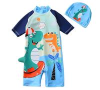 dellyy Bañadores de Una Pieza Niño UV 50+ con Gorra, Traje de Baño Niño de Manga Corta con Cremallera y Botones a Presión, Bañador Bebé Protección Solar para Playa y Piscina