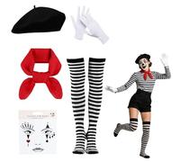 dellyy Disfraz de payaso para hombre y mujer, disfraz de payaso con boina, toallas, guantes, tatuaje facial, tirantes ajustables, medias a rayas