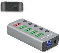 DELOCK 63263 - Concentrador USB 3,0, 4 puertos, USB-B a 4x USB-A + 1x PD, 1x al