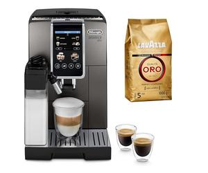 De'Longhi Dinamica Plus ECAM380.95.TB Fully Automatic Coffee Machine with LatteCrema Milk System, Titanium/Black + Lavazza, Qualità Oro, Café en Grano Natural, Paquete de 1 kg
