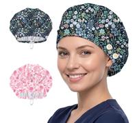 DELORIGIN 2 gorros de algodón con diseño de flores rosadas, diseño de hojas de helecho, sombreros de teatro con botón y banda para el sudor, gorras quirúrgicas ajustables para mujeres y hombres