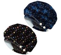 DELORIGIN 2 gorros quirúrgicos de constelación coloridos cielo estrellado elástico enfermería médico cirujano gorras de trabajo con 4 botones y banda para el sudor de algodón ajustable unisex