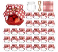 DELORIGIN 30 mini tarros de yogur de 3.4 onzas de vidrio para pudín con sello de tapa, papel rojo, cordel de yute, tarros de vidrio vacíos para mermelada de especias, miel, recuerdos de boda