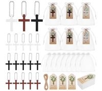 DELORIGIN Juego de 120 llaveros de cruz de madera para recuerdos funerarios, 3 colores, llaveros de fiesta de memoria con tarjetas de agradecimiento, bolsas de organza para regalos conmemorativos