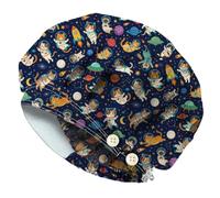 DELORIGIN Lindo gorro de médico con diseño de gato espacial, ajustable, sombrero de teatro, planeta, universo, algodón, cirujano, con botón, banda para el sudor, transpirable, unisex, para mujeres y