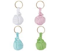 Delorigin - Llavero de cuerda náutica, 4 colores, bola de algodón, perlas de madera, tejido hecho a mano, llavero con hierro dorado para llaves de coche, bolsa con amuletos, multicolor, 7.5 cm