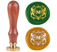 DELORIGIN Sello de cera con emblema de león, letra M, 25 mm, cabezal de latón extraíble, sello de sello con mango de madera para tarjetas de felicitación, cartas, invitaciones, tarjetas de regalo