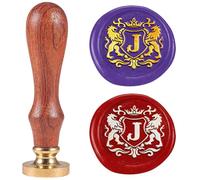 DELORIGIN Sello de cera de 1" con emblema de león letra J, sello de sello extraíble con cabeza de latón y mango de madera, cera para tarjetas de felicitación, cartas e invitaciones