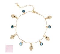 DELORIGIN Tobillera con mal de ojo colgante amuleto de la suerte Tobillera dorada Delicada mano Hamsa colgante con ojos azules Tobillera ajustable para mujer