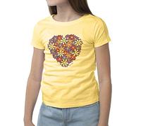 DelSol - Camiseta de manga corta - I Heart Flowers - Camiseta cambiante de color - 100% algodón peinado - Manga corta - Cambios de un simple contorno púrpura a lavanda coral y naranja en el sol - YXL - 1 pieza