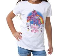 DelSol - Camiseta para niños - Believe - Se transforma de rosa y blanco a un arco iris de colores, 100% algodón preencogido hilado en anillo, cuello y hombros sellados, 4T, 1 unidad