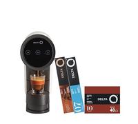 Delta Q Cafetera lconiQ + 60 cápsulas - Cafetera de café de cápsulas + 1 pack de 40 cápsulas intensidad 10 + 1 pack 10 cápsulas descafeinado + 1 pack 10 cápsulas café con canela