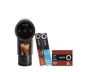 Delta Q Cafetera lconiQ Azul + 60 cápsulas - Cafetera de café de cápsulas + 1 pack de 40 cápsulas intensidad 10 + 1 pack 10 cápsulas descafeinado + 1 pack 10 cápsulas café con canela