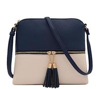 DELUXITY Bolso cruzado mediano ligero con borla, azul marino/piel, Talla única