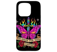 Demasiado Queer para tu Comodidad Arco Iris Mariposa Tatuaje Arte LGBT Carcasa para iPhone 15 Pro