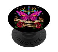 Demasiado Queer para tu Comodidad Arco Iris Mariposa Tatuaje Arte LGBT PopSockets PopGrip Adhesivo