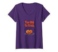 Demasiado Viejo para engañar Demasiado Joven para Tratar el Humor de Halloween Camiseta Cuello V, Mujer, Morado, L