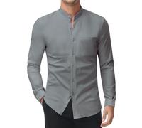DEMEANOR Camisa elástica sin cuello para hombre, manga larga, camisa de negocios, ajustada, sin planchado, cuello alto, gris oscuro, XXL