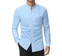 DEMEANOR Camisa elástica sin cuello para hombre, manga larga, camisa de negocios, ajustada, sin planchado, cuello alto, azul pastel, XL