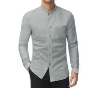 DEMEANOR Camisa elástica sin cuello para hombre, manga larga, camisa de negocios, ajustada, sin planchado, cuello alto, gris claro, S