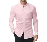 DEMEANOR Camisa elástica sin cuello para hombre, manga larga, camisa de negocios, ajustada, sin planchado, cuello alto, Rosa., S