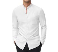 DEMEANOR Camisa elástica sin cuello para hombre, manga larga, cuello alto, camisa de negocios, ajustada, camisa de ocio, camisa de pie, Todo blanco, XL