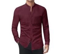 DEMEANOR Camisa elástica sin cuello para hombre, manga larga, cuello alto, camisa de negocios, ajustada, camisa de ocio, camisa de pie, Rojo vino., 4XL