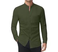 DEMEANOR Camisa elástica sin cuello para hombre, manga larga, cuello alto, camisa de negocios, ajustada, camisa de ocio, camisa de pie, Verde militar, M