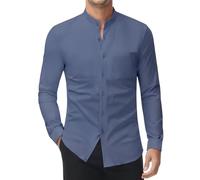 DEMEANOR Camisa elástica sin cuello para hombre, manga larga, cuello alto, camisa de negocios, ajustada, camisa de ocio, camisa de pie, azul, 3XL